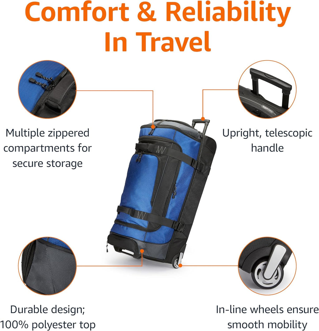 Amazon Basics 35-Inch Large Rolling Duffel Bag for Travel with Wheels and Handle, Durable Ripstop Polyester, 2 Layers of Space, Multiple Interior and Exterior Pockets, Blue