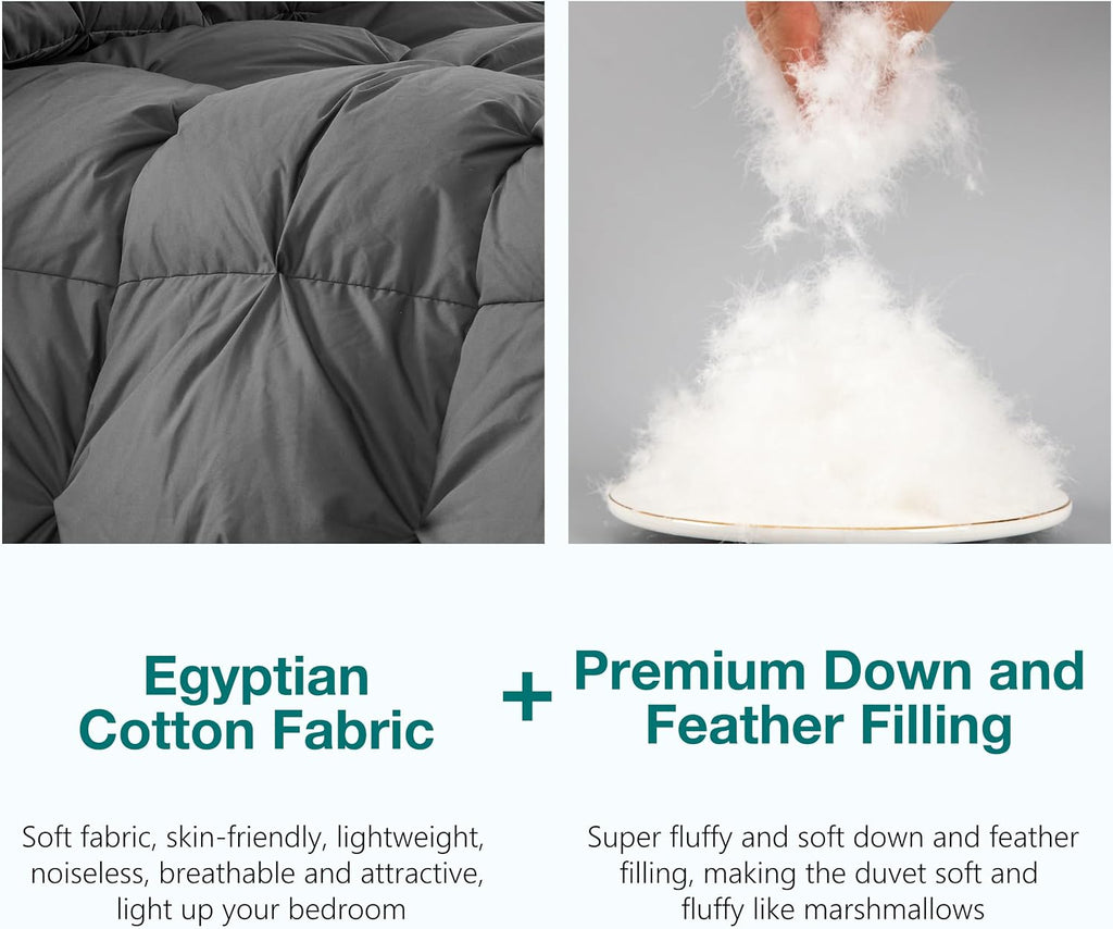 KAKABELL Pinch Pleat Goose Down Feathers Fiber Comforter King Size All Season-Ultra Soft and Cozy Noiseless Duvet Insert with Egyptian Cotton Blend Cover,Fluffy Warm Comforter Insert(Grey,90'X106')