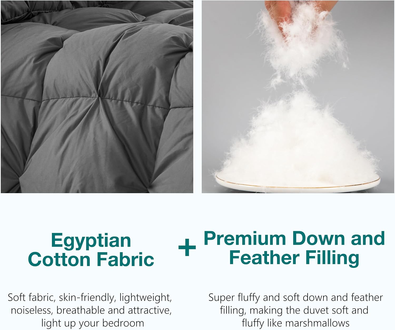 KAKABELL Pinch Pleat Goose Down Feathers Fiber Comforter King Size All Season-Ultra Soft and Cozy Noiseless Duvet Insert with Egyptian Cotton Blend Cover,Fluffy Warm Comforter Insert(Grey,90'X106')
