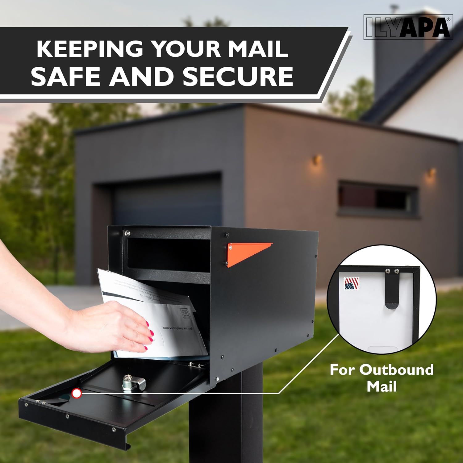 Ilyapa Locking Mailbox with Lock and Key Modern Mailboxes for Outside Post Mount - Black Powder Coated Steel, All Weather & Corrosion Resistant, Stainless Steel, Modern