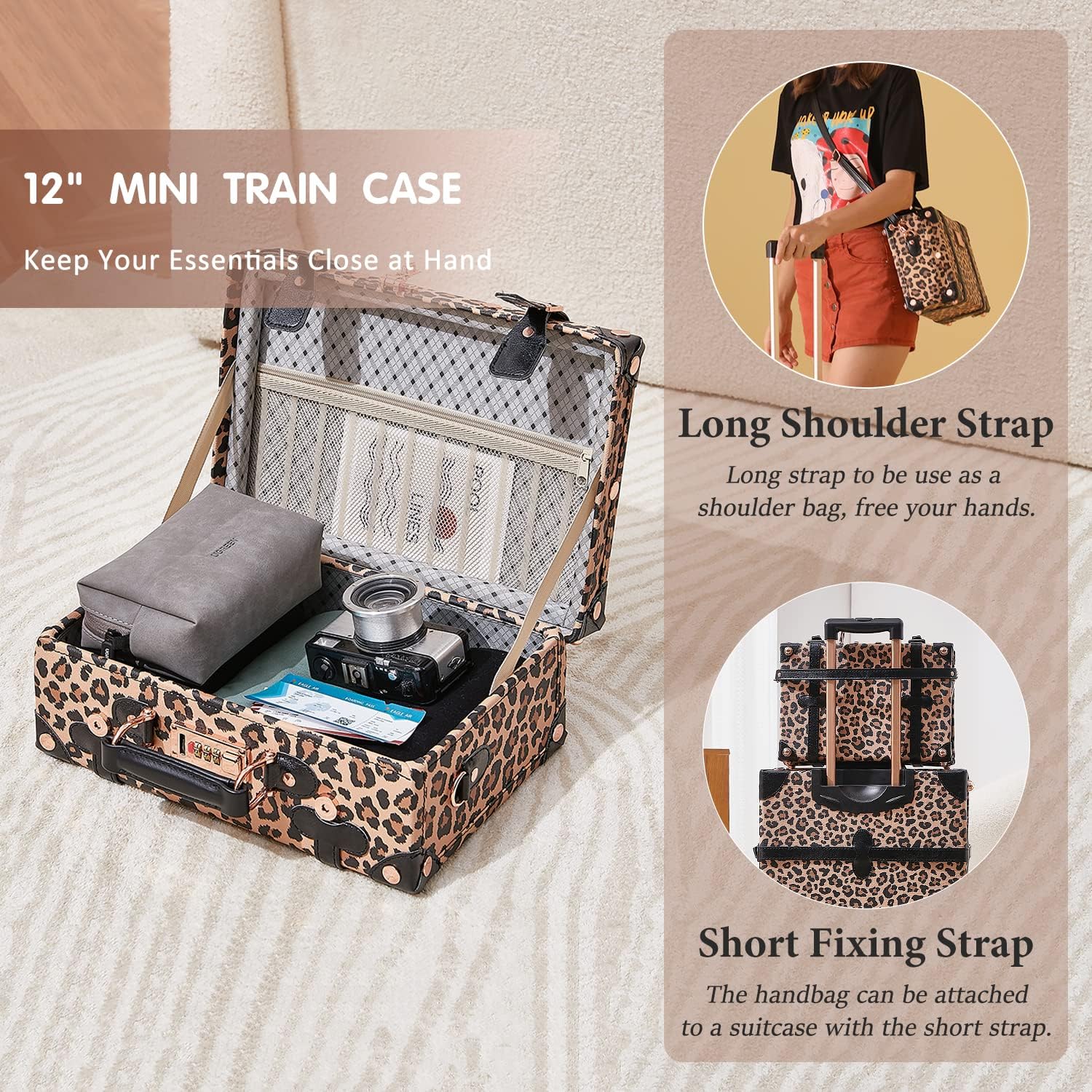 Unitravel 2 Piece Vintage Suitcase Set, 26' Women Cute Travel Luggage with 12' Handbag, Hardside Faux Leather Spinner Trunk with TSA Lock (Leopard)