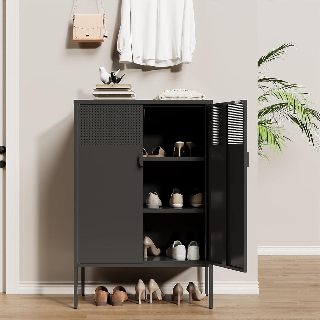 Black Metal Storage Cabinet,2 Door TV Stand, Metal Mesh Accent Cabinet,Magnetic Door Closure,Low Storage Cabinets with Doors and Shelf for Home,Office,Living Room
