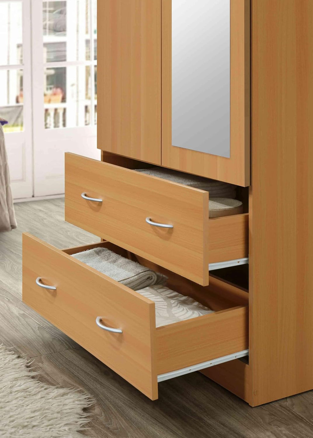 HODEDAH 2 Door Wood Wardrobe for Bedroom with Hanging Clothing Rod inside the Cabinet and 2 Drawers for Storage Organization, Multifunctional Closet with Mirror, Beech