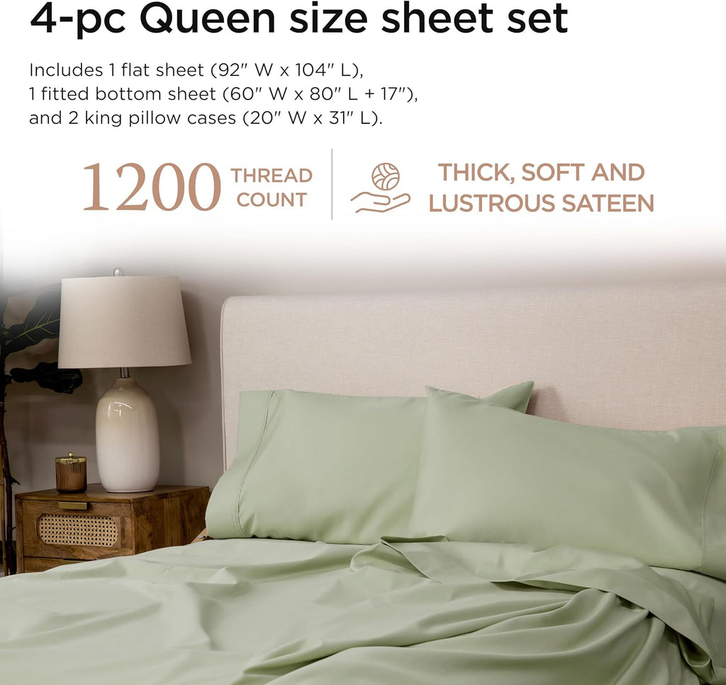 Threadmill Luxury Supima Cotton Sheets, Luxury 1200 Thread Count Soft 100% Cotton Sheets for Queen Size Bed, 4 Pc Sage Green Bed Sheets Queen Set, 5-Star Hotel Quality Deep Pocket Bed Sheets Set