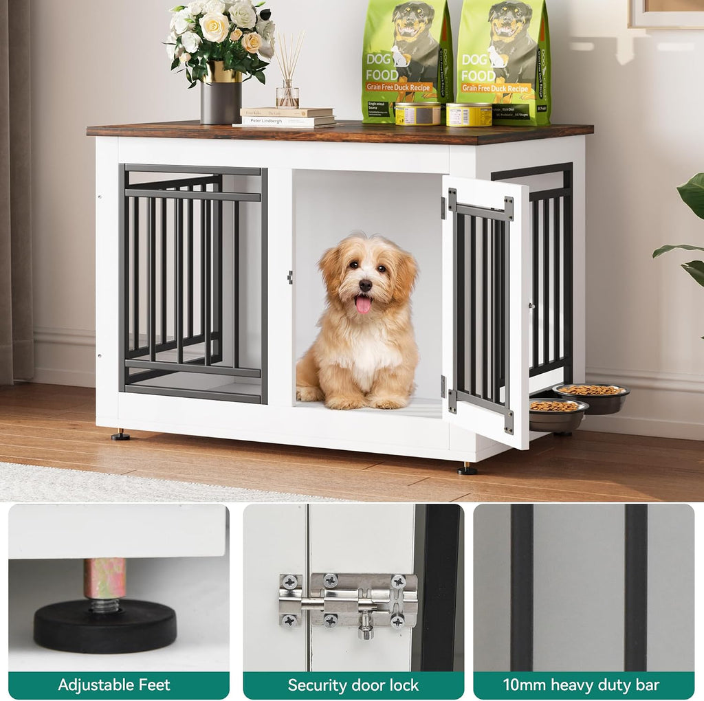 YITAHOME 28' Dog Crate Furniture, Wooden Side End Table with Adjustable Feet and Removable Bowls, Dog Kennel Indoor for Small Dogs
