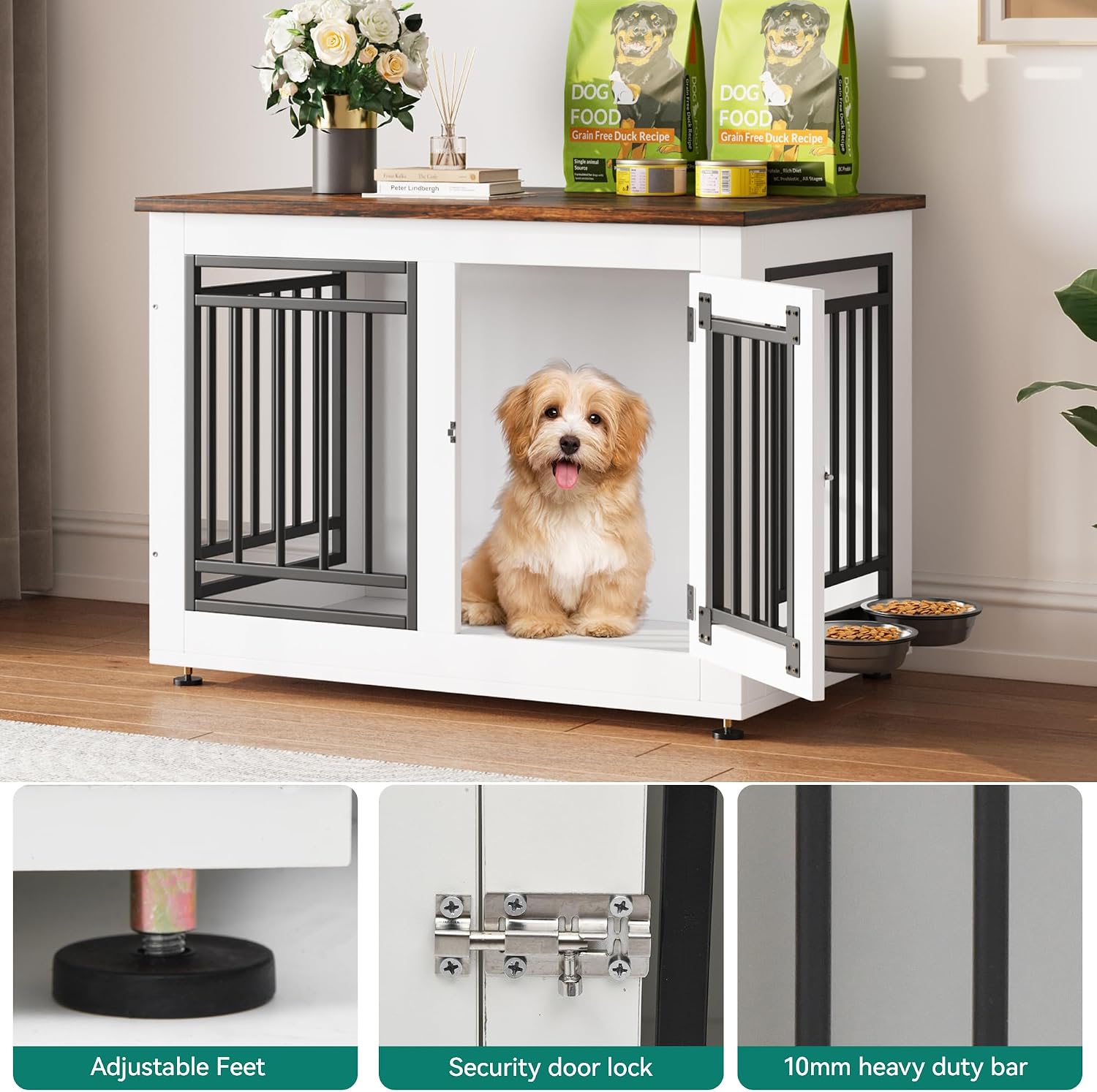 YITAHOME 28' Dog Crate Furniture, Wooden Side End Table with Adjustable Feet and Removable Bowls, Dog Kennel Indoor for Small Dogs