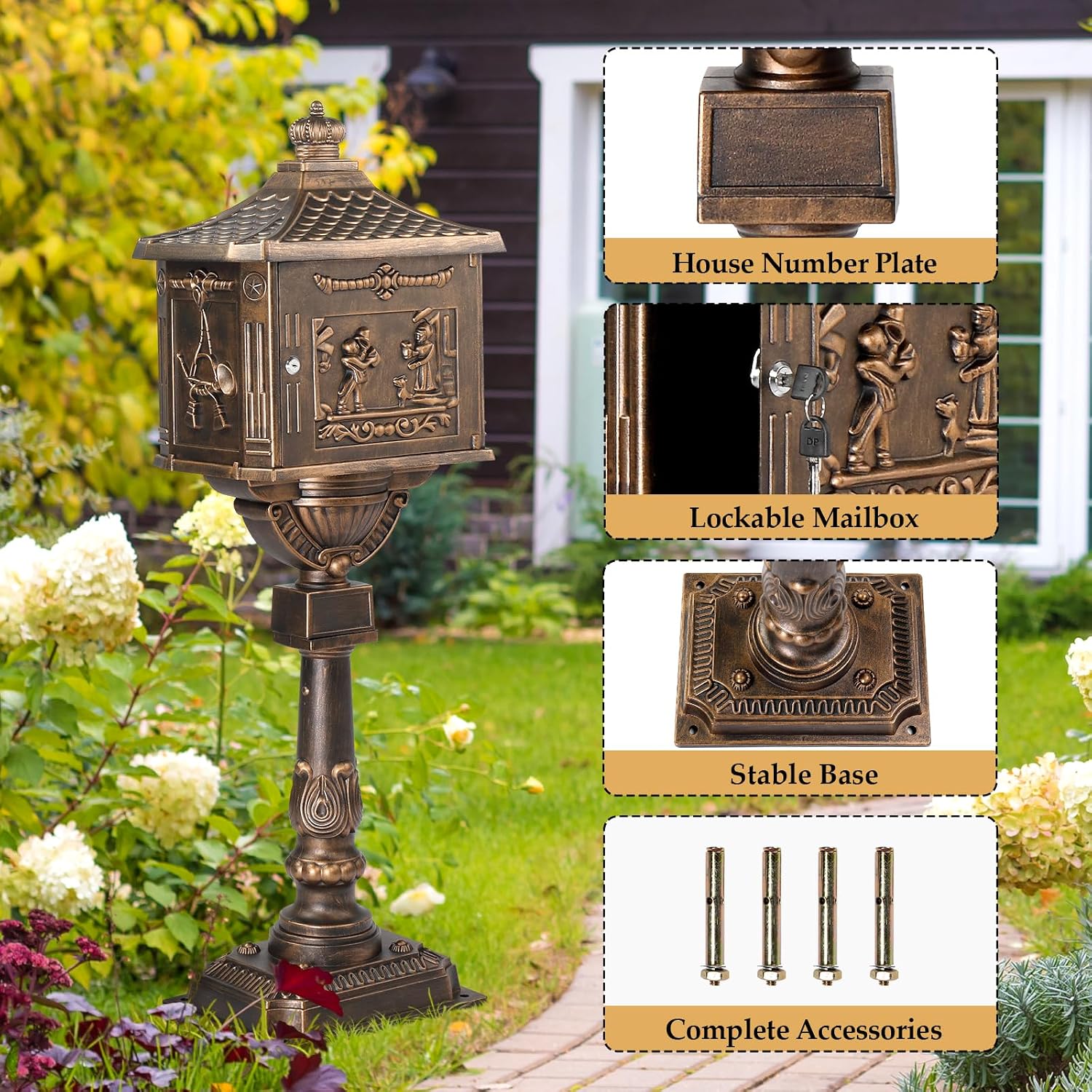 Cast Aluminum Mailbox Postal Box, Locking Mailbox for Outside with Keys, Curbside Mail Manager Outside Weatherproof Rustproof Security Post-Mount Mail Box (Antique Bronze)