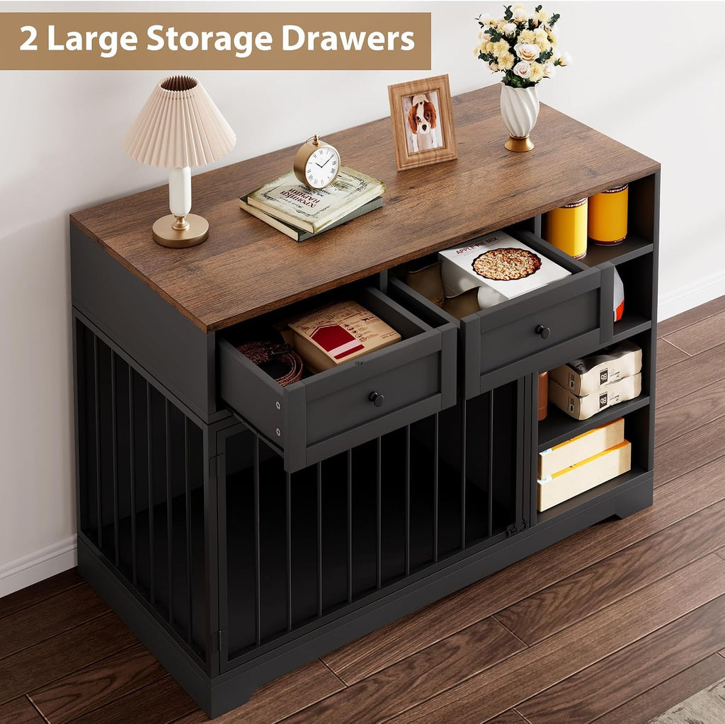GAOMON Wooden Dog Crate Furniture with 2 Drawers and 4 Open Shelves, Multi-Functional Pet Kennel & TV Stand with Storage for Indoor Use, Black