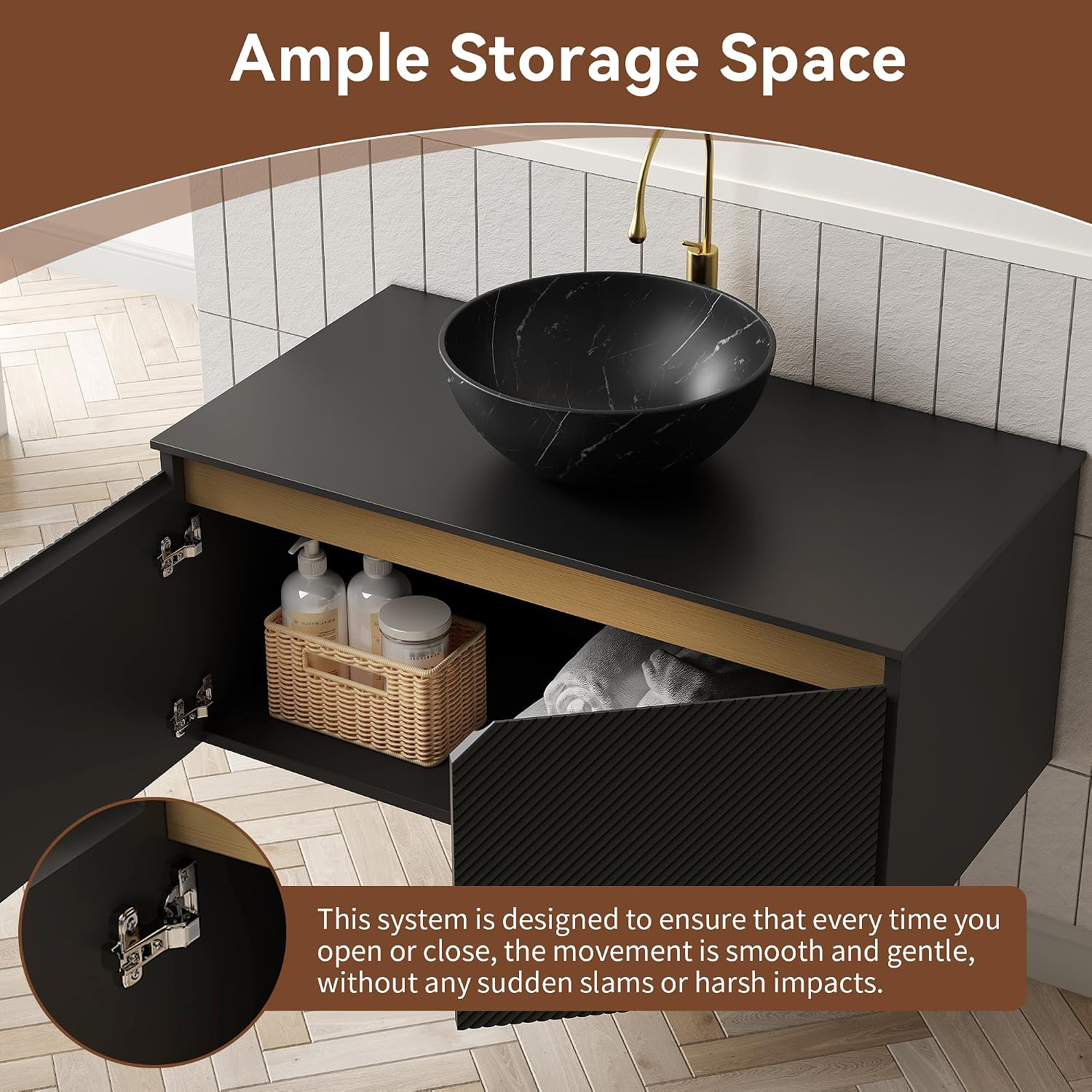 36 Inch Bathroom Vanity with Sink, Floating Fluted Vanity with Vessel Sink, Modern Bathroom Vanity Cabinet with 2 Doors, Bowl Vessel Sink & Sintered Stone Top, Black