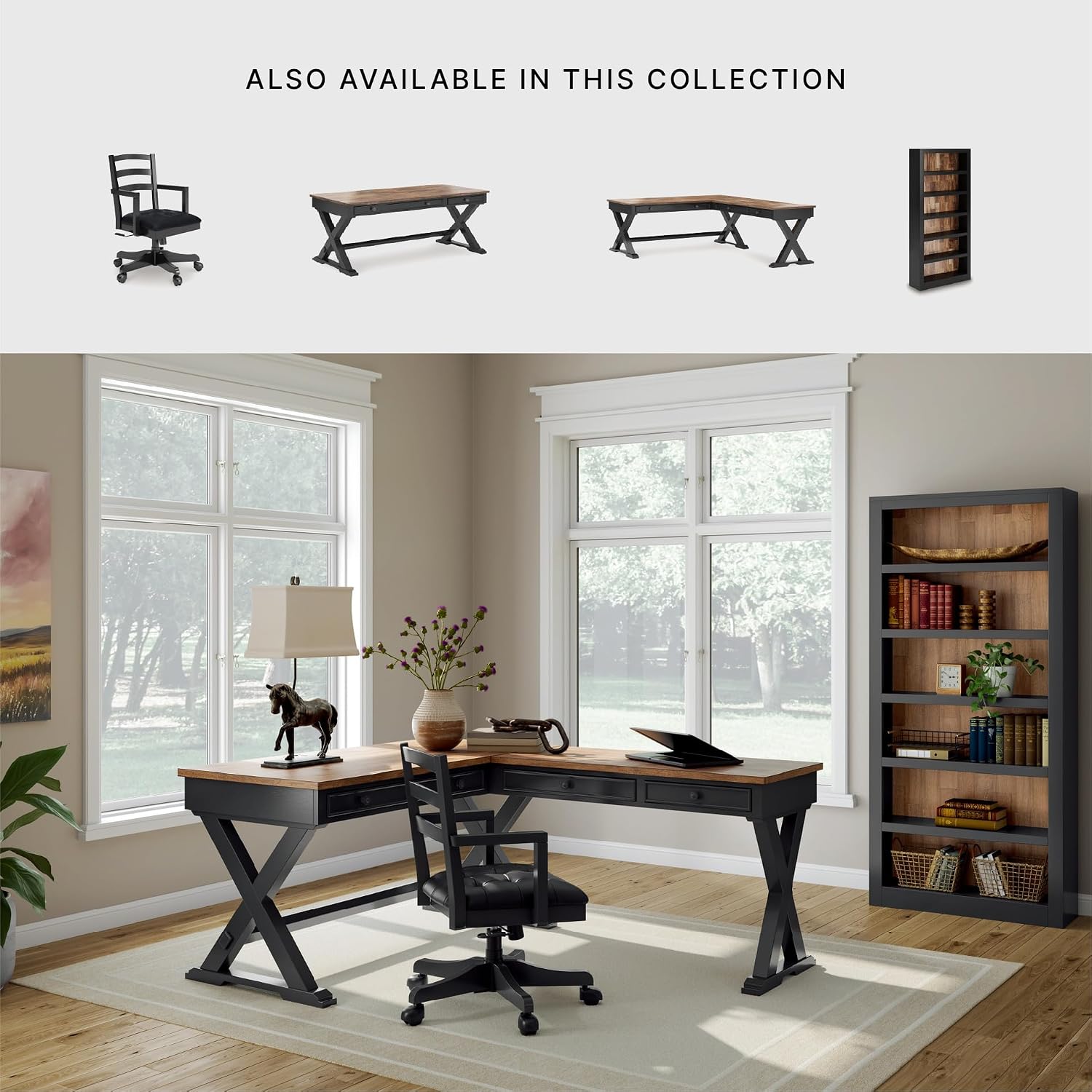 Signature Design by Ashley Wildenauer Casual 3-Drawer Home Office Desk and Return with Drop-Down Keyboard Tray and Cord Management, L-Shaped Desk, Wood, Mango Wood Veneer, Light Brown & Black