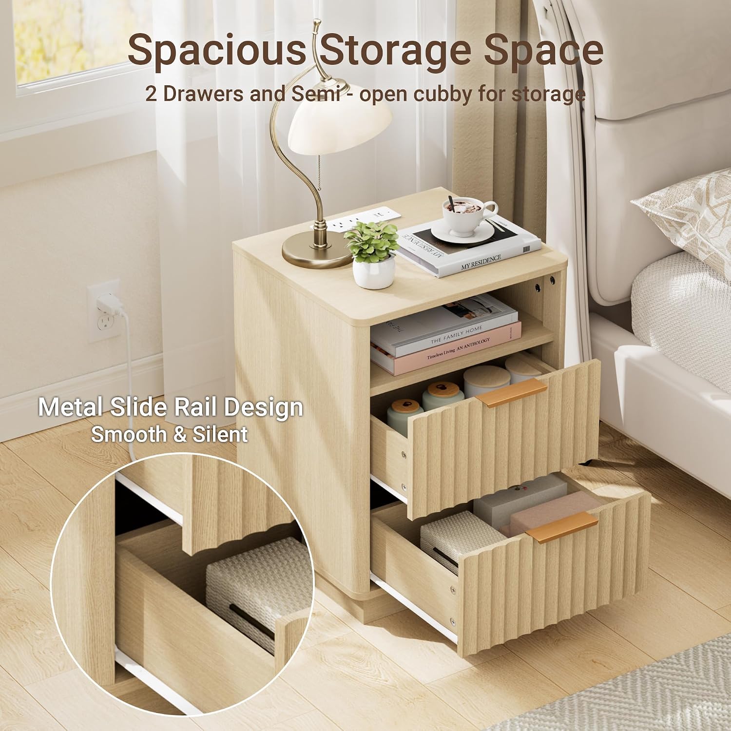 Fluted Nightstand, Night Stand Set 2, Modern Nightstands Set of 2 with Charging Station, 2 Drawer End Table w/Storage, Bedside Table for Bedroom Sofa Home Office, Curved Corners,Natural Oak