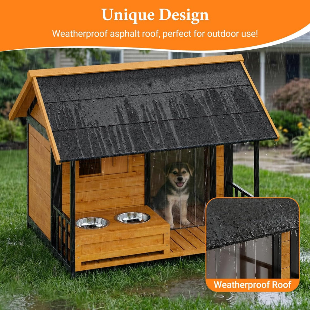 Large Dog House with Dog Bowls Stand, Outdoor Weatherproof XL Dog Kennel with Openable Roof, Easy Assembly All-Around Iron Frame Design for Outside Medium Big XLarge Breed Dogs