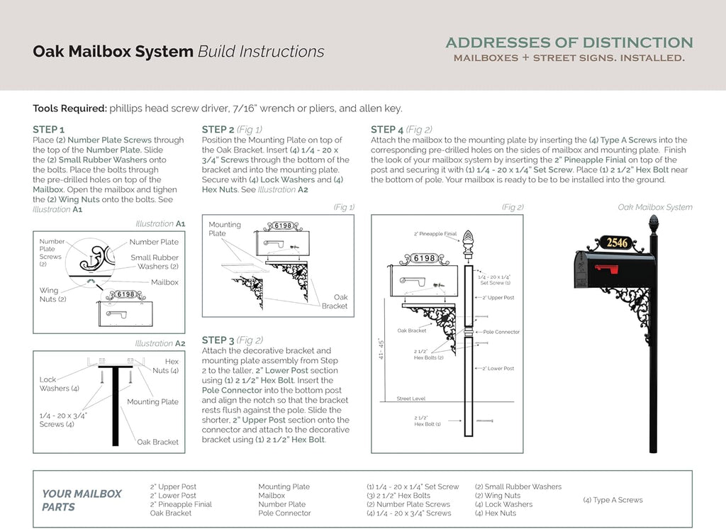 Oak Standard Mailbox & Post Kit – Black System Includes Address Plaque, Numbers & Mounting Hardware – Rust Resistant Metal Box with Decorative Finial