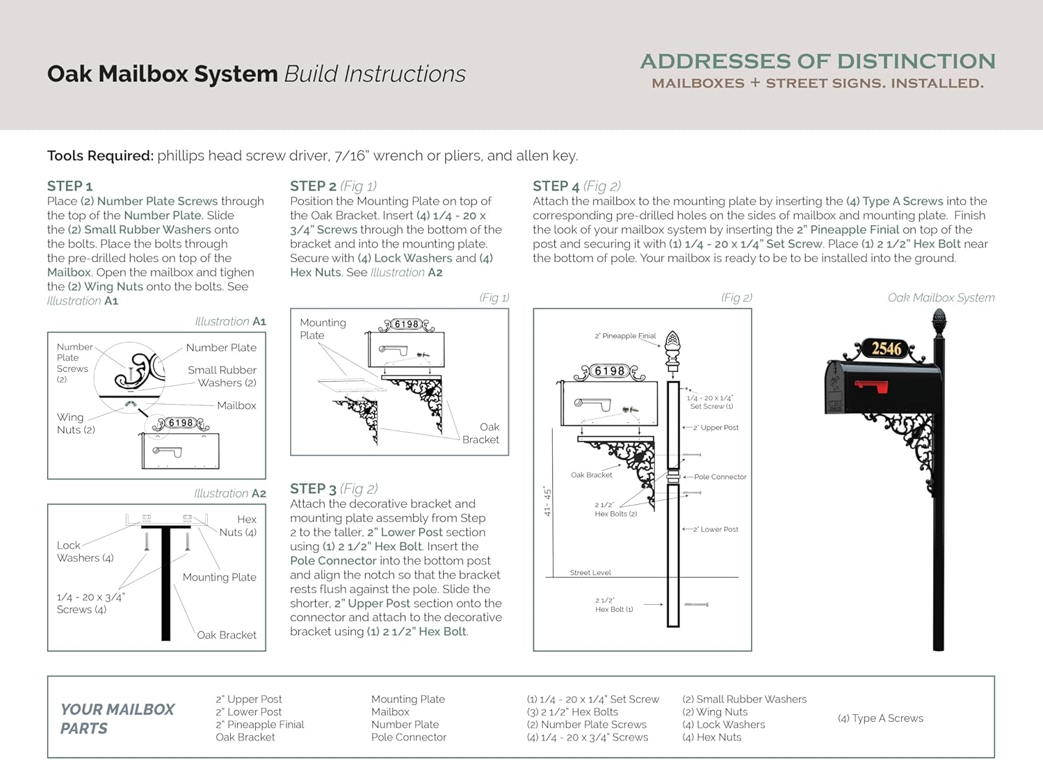 Oak Standard Mailbox & Post Kit – Black System Includes Address Plaque, Numbers & Mounting Hardware – Rust Resistant Metal Box with Decorative Finial