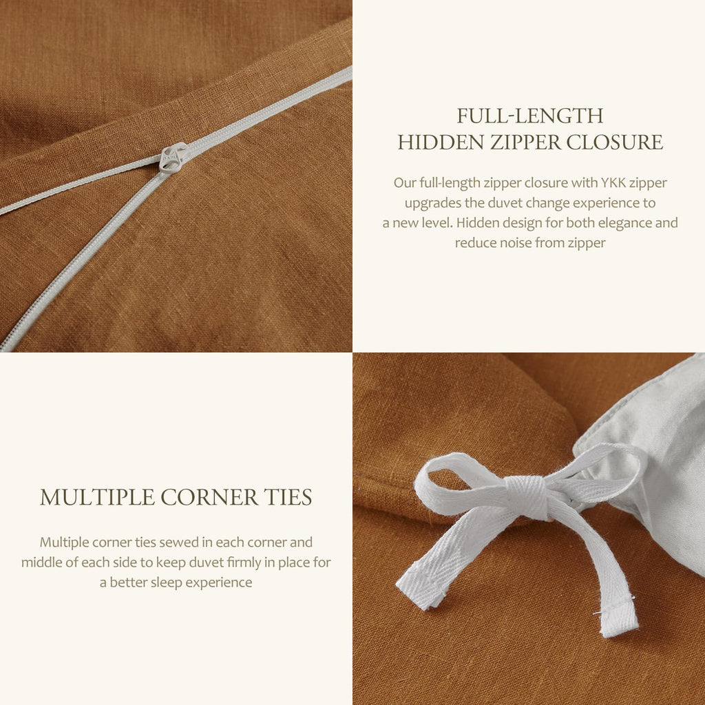 DAPU 100% Linen Duvet Cover Set - Pure Natural French Flax Linen with Corner Ties and Zipper Closure Soft Breathable Durable for Hot Sleepers 1 Duvet Cover 2 Pillowcases (Earthy Linen, Queen)