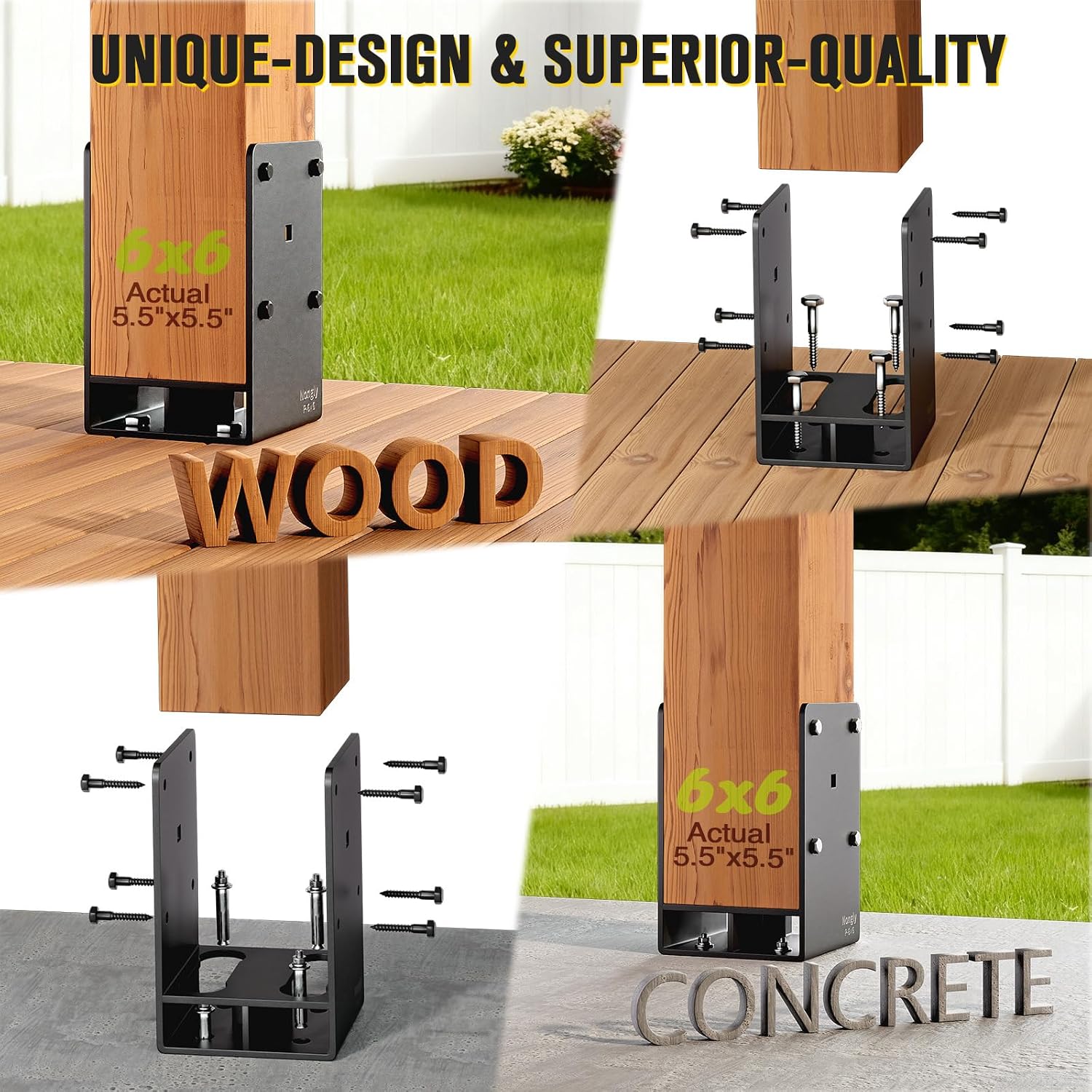 Wood Post Base, Heavy Duty Non-Flange Stainless Steel Metal Construction Elements Post Anchor with Air Flow Channel Fence Post Anchor Base for Deck Railing, Pergolas, Fence Pillar(4Pack, 6x6)