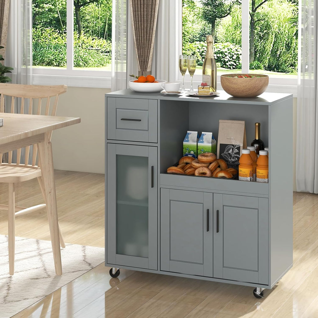 GOFLAME Rolling Kitchen Island Cart on Wheels, Mobile Kitchen Cart with Drawer, Open Shelf and Glass Door Cabinet, Microwave Stand Cart, Portable Kitchen Island for Kitchen, Dining Room, Grey