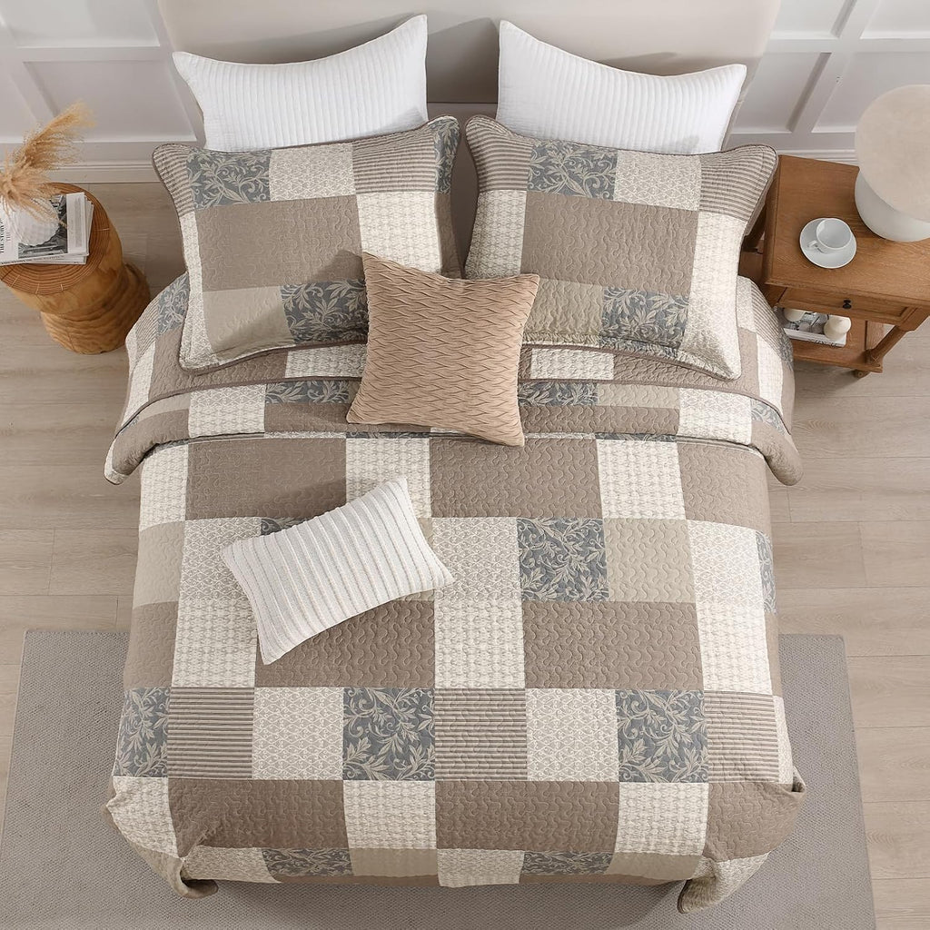 Finlonte 100% Cotton Quilt Set, Plaid Reversible Lightweight Quilted Bedspreads, 3-Piece, Gray/Brown/Beige, Queen Size