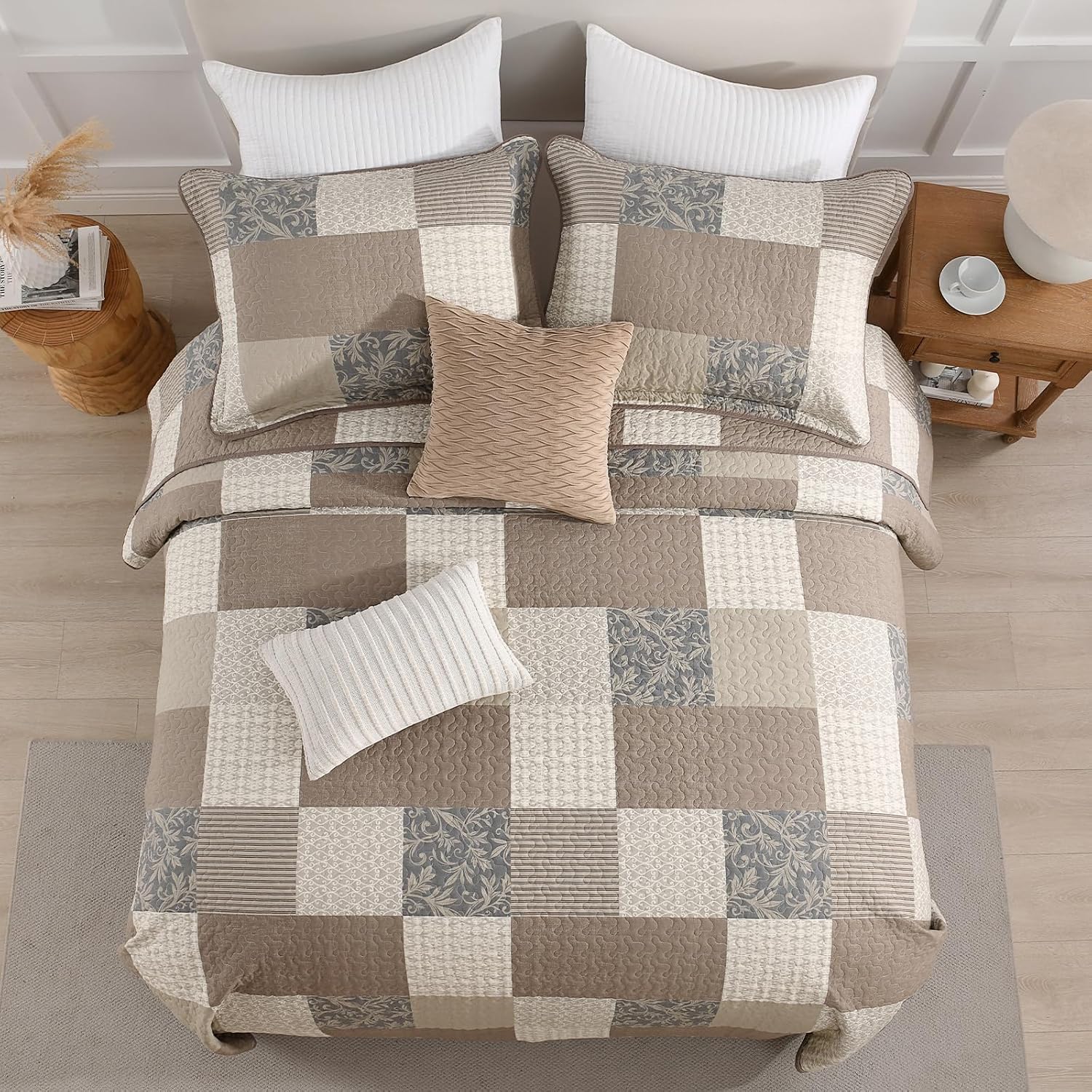 Finlonte 100% Cotton Quilt Set, Plaid Reversible Lightweight Quilted Bedspreads, 3-Piece, Gray/Brown/Beige, Queen Size