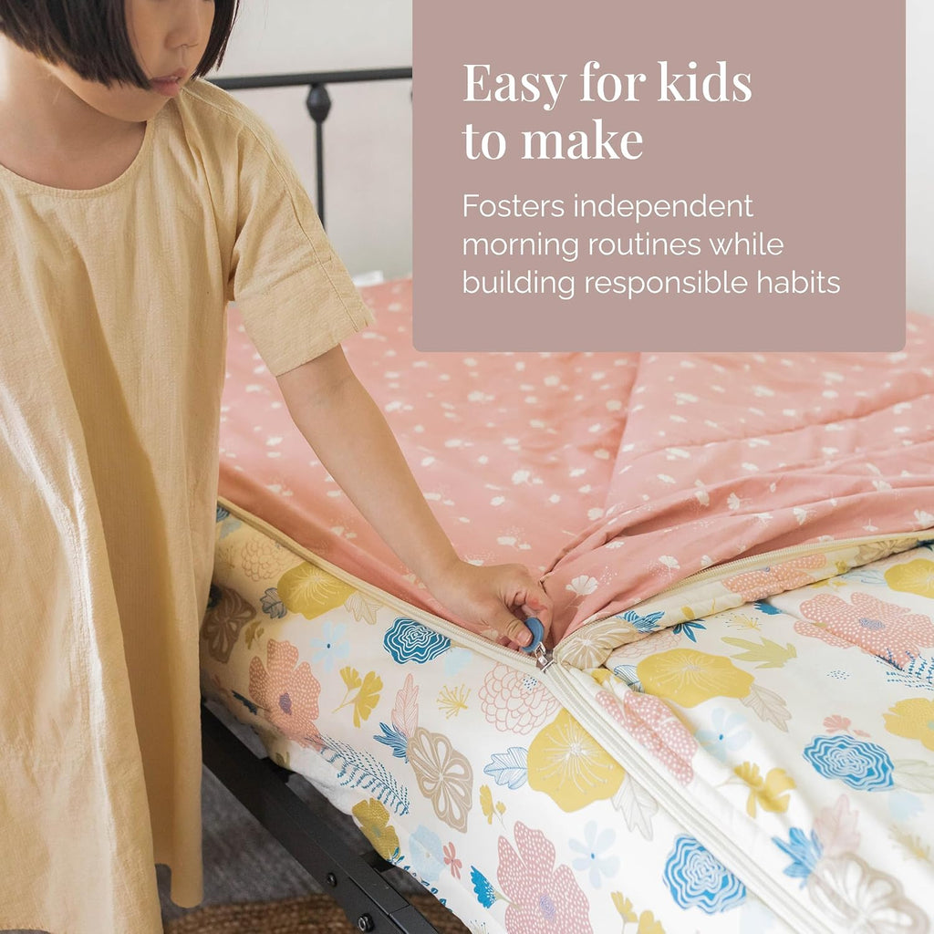 Beddy's Flower Blossoms Durable Zipper Bedding for Kids - Bed in a Bag - Pink Floral Sheets and Comforter - Includes 2 Pillowcases & 2 Shams - Easy to Make & Wash - Full