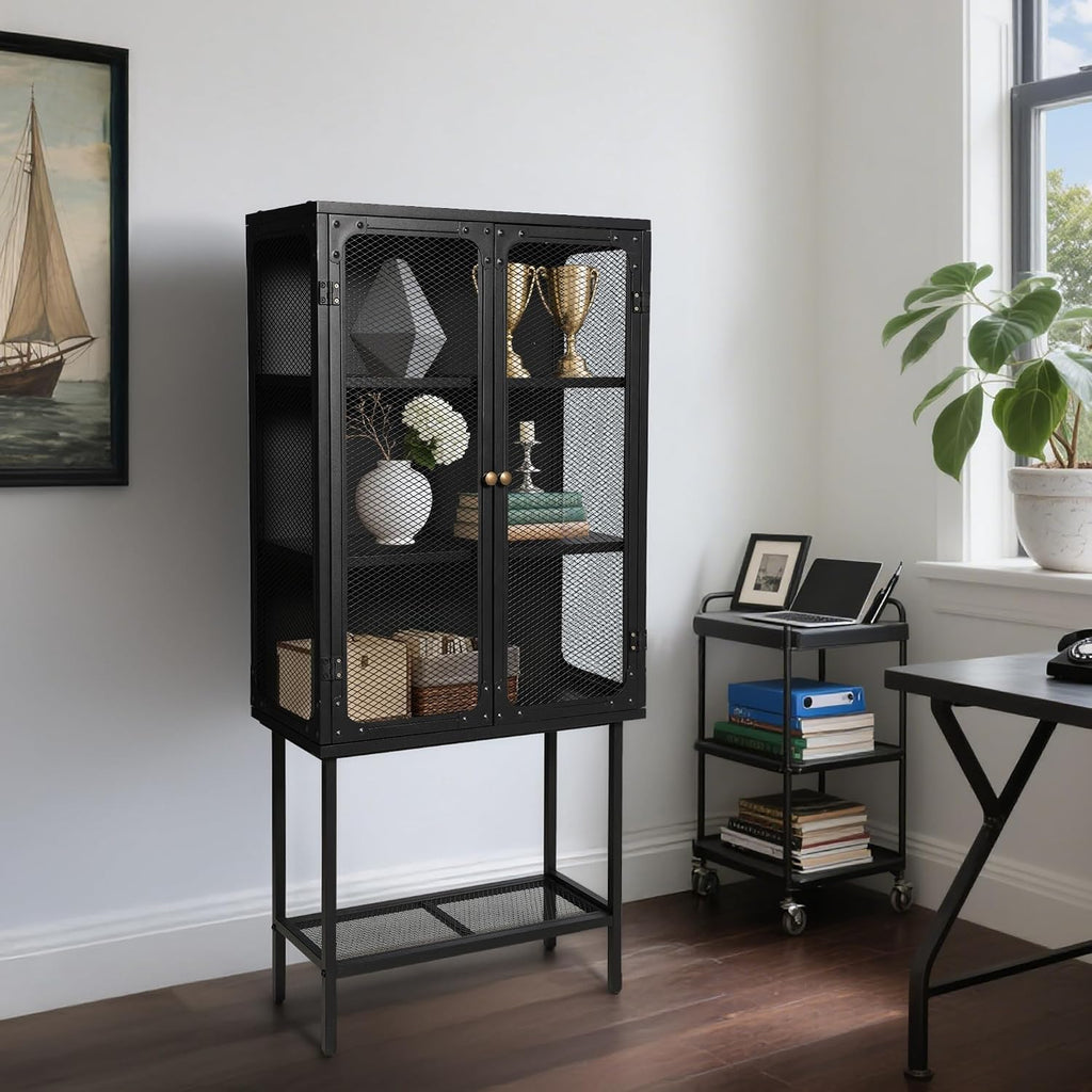 LOKKHAN Industrial Metal Display Cabinet, Black Mesh Door Storage Unit with Retro Handles, 59.1 x 27 x 12.6 Inch Tall Standing Shelving, Magnetic Holders, Adjustable Feet