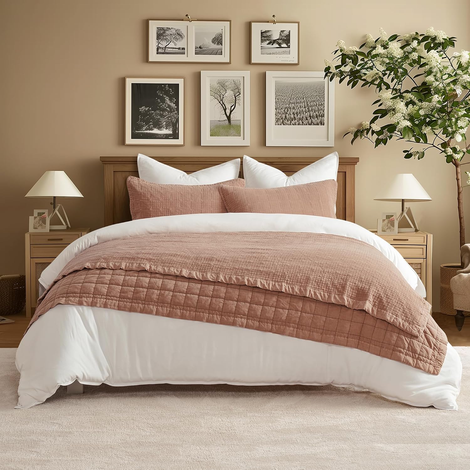 EVERGRACEHOME Stonewashed Cotton Quilt Set King Size, Ultra Soft Oversized Bedspread Coverlet Set, Lightweight Crinkle Box Stitch Bedding Sets for All Season, with 2 Shams, Terracotta Clay