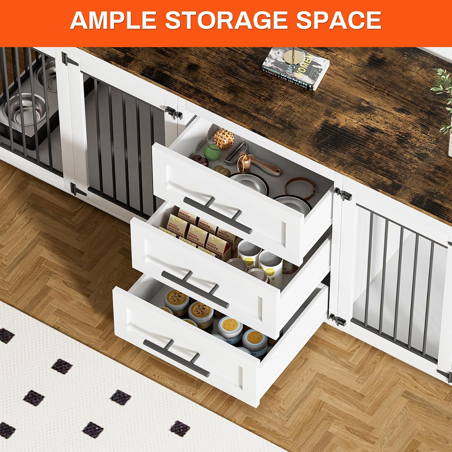 Rophefx 94.5' Dog Crate Furniture for 2 Dogs, Large Dog Kennel Furniture with 3 Storage Drawer, Wooden Dog Cage with 4 Bowls, Indoor Dog House TV Stand with Locks for Large Medium Dog, White Brown