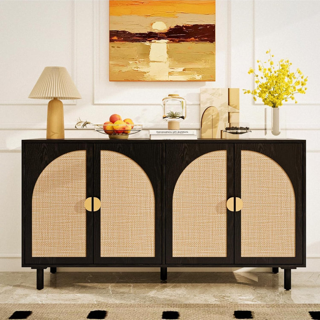 Black 4-Door Rattan Buffet Cabinet-Sideboard Buffet Cabinet with Storage, Accent Sideboard Cabinets-Wood Credenza with Cane Door, Boho Style Console Table for Dining Room & Living Room
