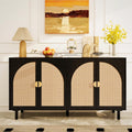 Black 4-Door Rattan Buffet Cabinet-Sideboard Buffet Cabinet with Storage, Accent Sideboard Cabinets-Wood Credenza with Cane Door, Boho Style Console Table for Dining Room & Living Room