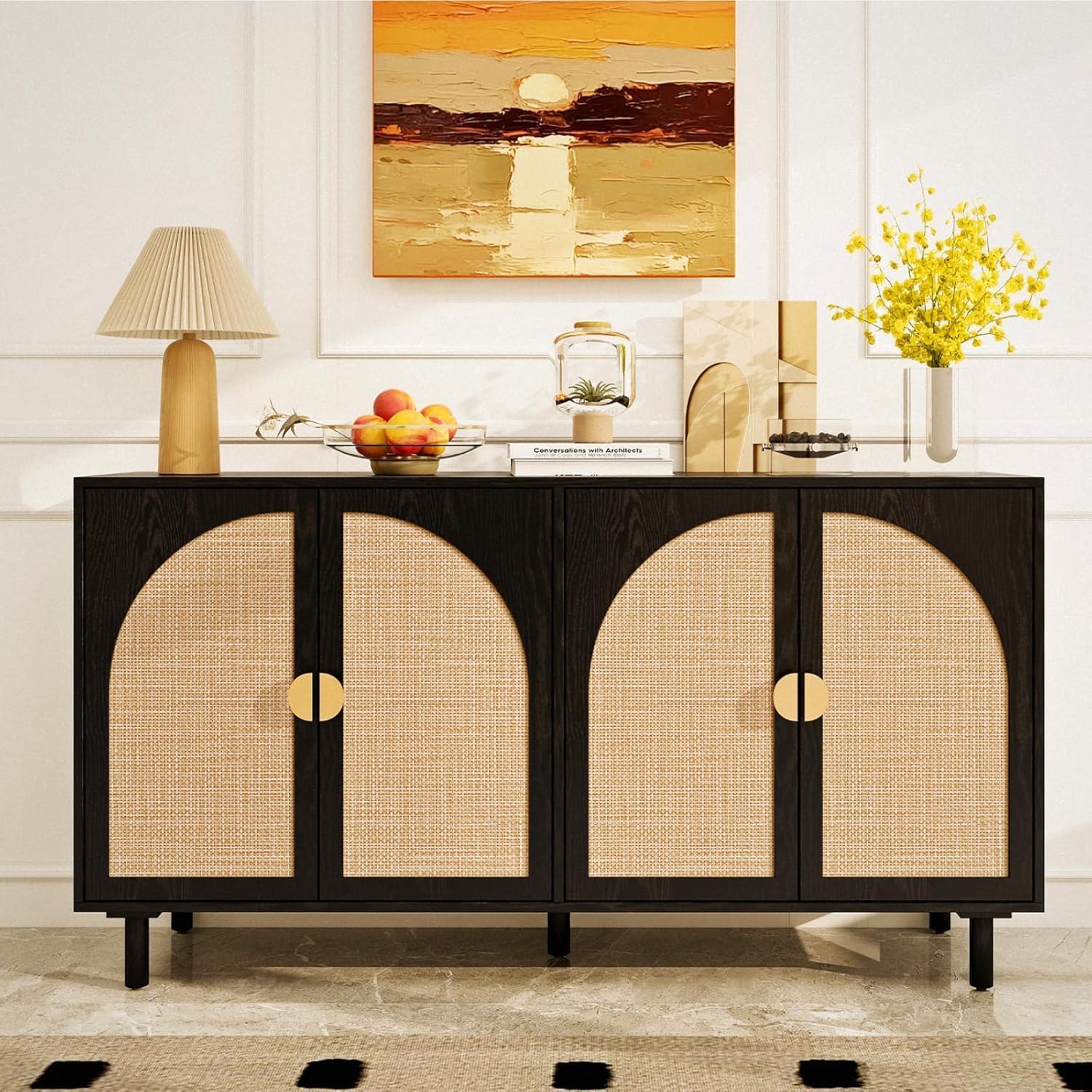 Black 4-Door Rattan Buffet Cabinet-Sideboard Buffet Cabinet with Storage, Accent Sideboard Cabinets-Wood Credenza with Cane Door, Boho Style Console Table for Dining Room & Living Room