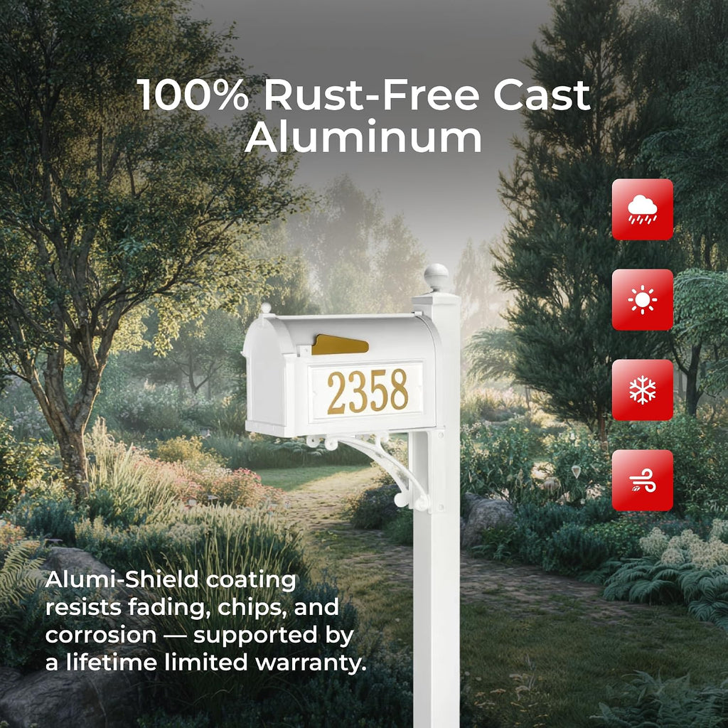 Custom Address Mailbox with Post in White Whitehall Deluxe Streetside Mailbox Personalized Plaques Weather-Resistant Cast Aluminum Design
