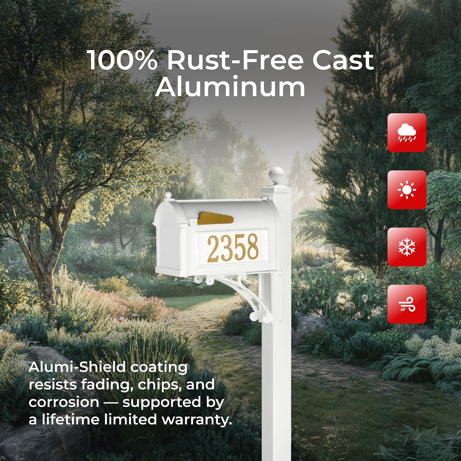 Custom Address Mailbox with Post in White Whitehall Deluxe Streetside Mailbox Personalized Plaques Weather-Resistant Cast Aluminum Design