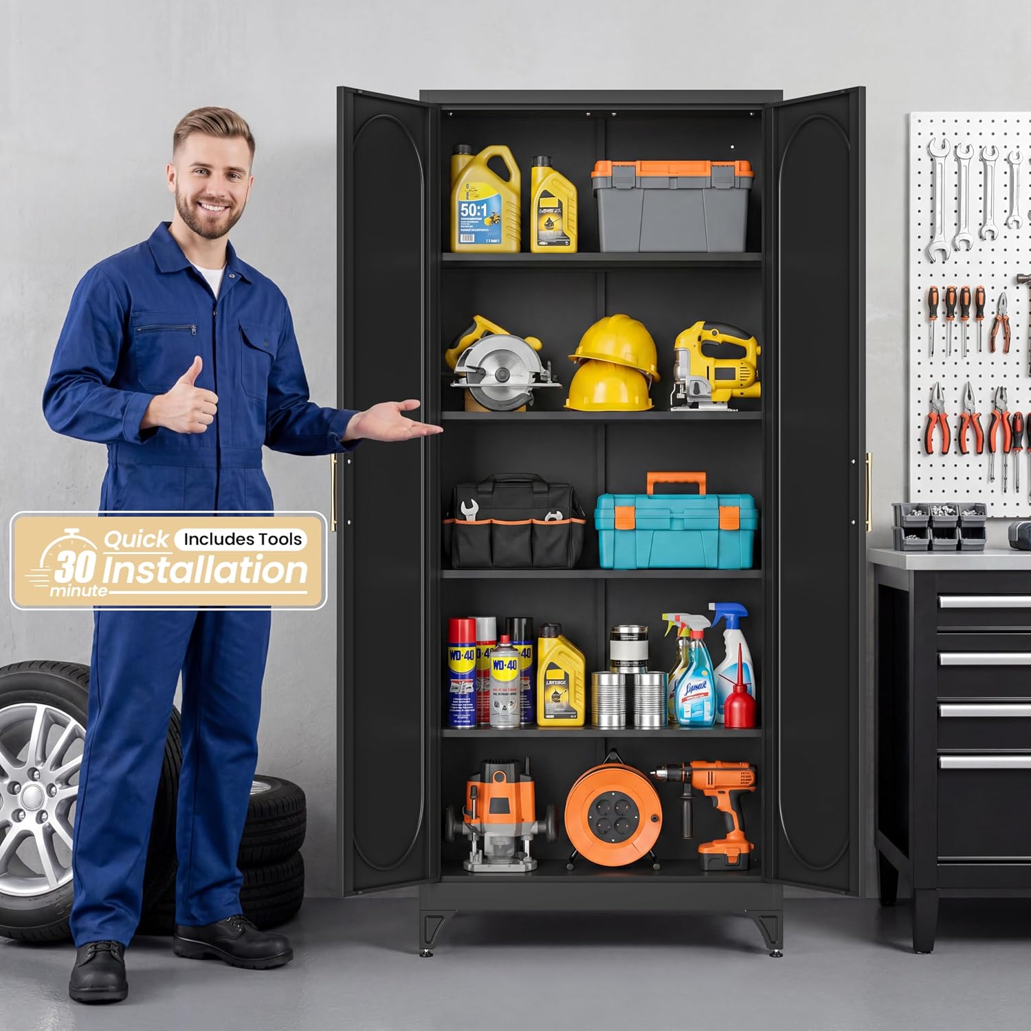 75' Tall Metal Storage Cabinet with 2 Doors and 4 Adjustable Shelves, 32'W x 16'D Heavy Duty Steel Pantry Cabinet for Kitchen, Garage, Home Office and Laundry Room, Cold-Rolled Steel, Black