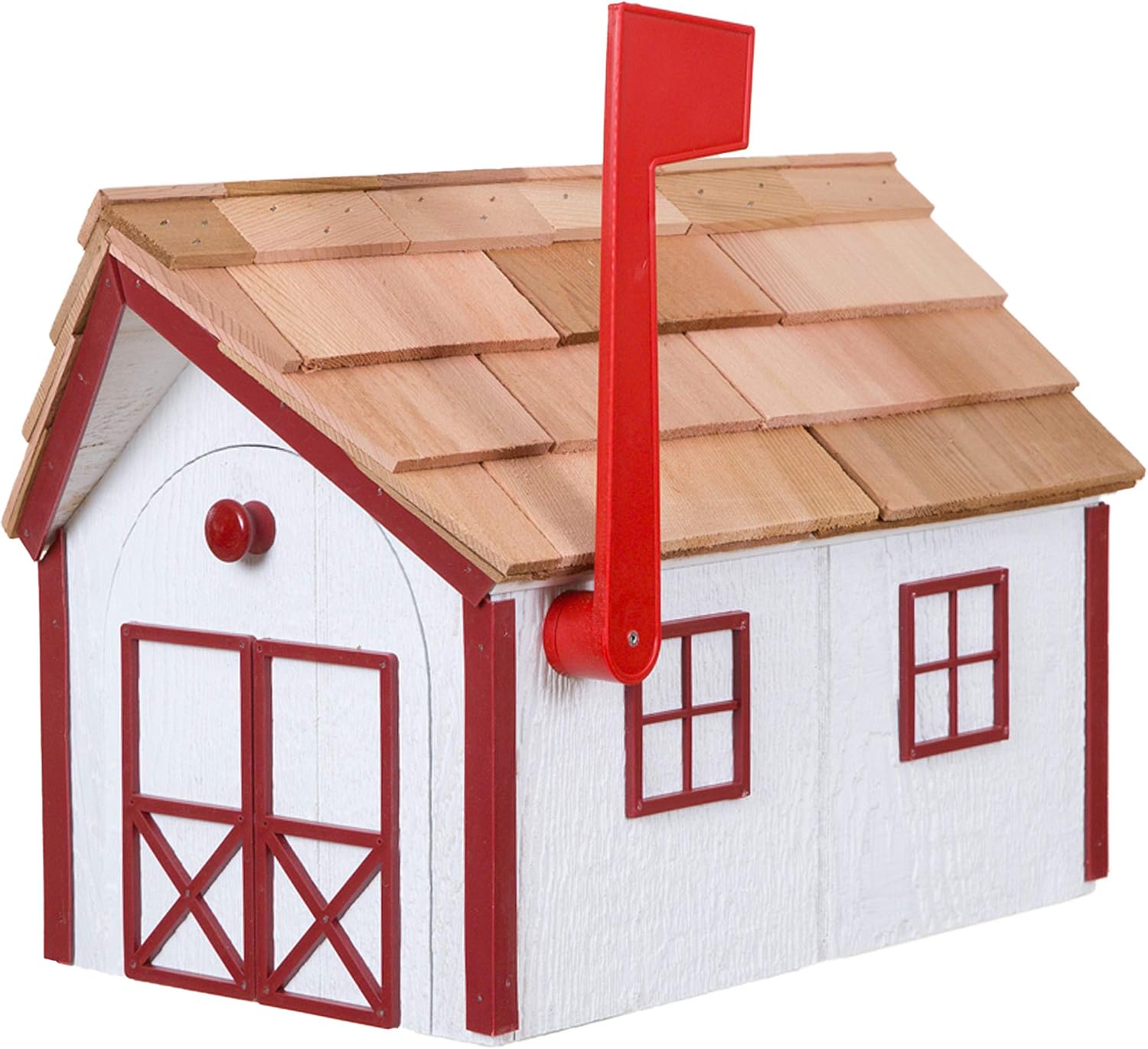 Amish Cedar Roof Wooden Mailbox with Window & Door Trim (White with Red Trim)