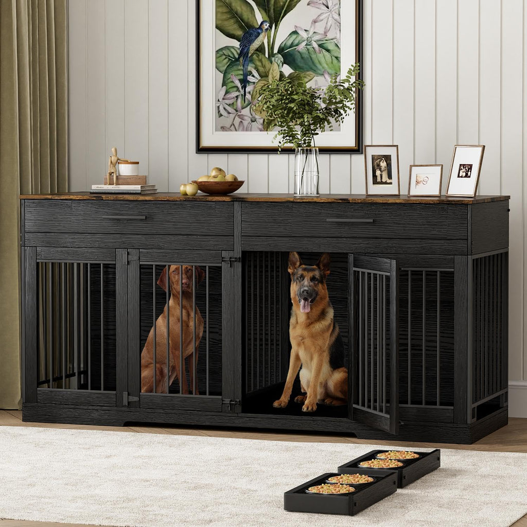 Rophefx 72' Dog Crate Furniture for 2 Dogs, Large Dog Kennel Furniture with 2 Storage Drawers and 4 Bowls, Wooden Dog Cage with Removable Divider, Indoor Dog House TV Stand for Medium Dog, Black