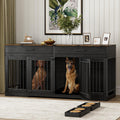 Rophefx 72' Dog Crate Furniture for 2 Dogs, Large Dog Kennel Furniture with 2 Storage Drawers and 4 Bowls, Wooden Dog Cage with Removable Divider, Indoor Dog House TV Stand for Medium Dog, Black
