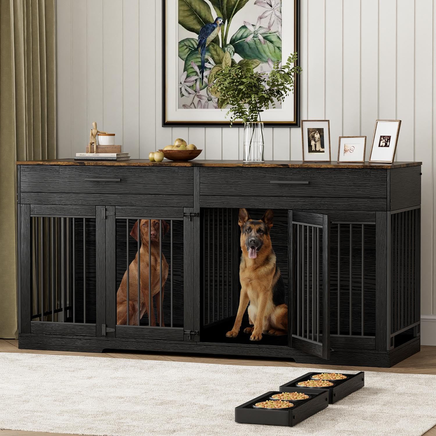 Rophefx 72' Dog Crate Furniture for 2 Dogs, Large Dog Kennel Furniture with 2 Storage Drawers and 4 Bowls, Wooden Dog Cage with Removable Divider, Indoor Dog House TV Stand for Medium Dog, Black