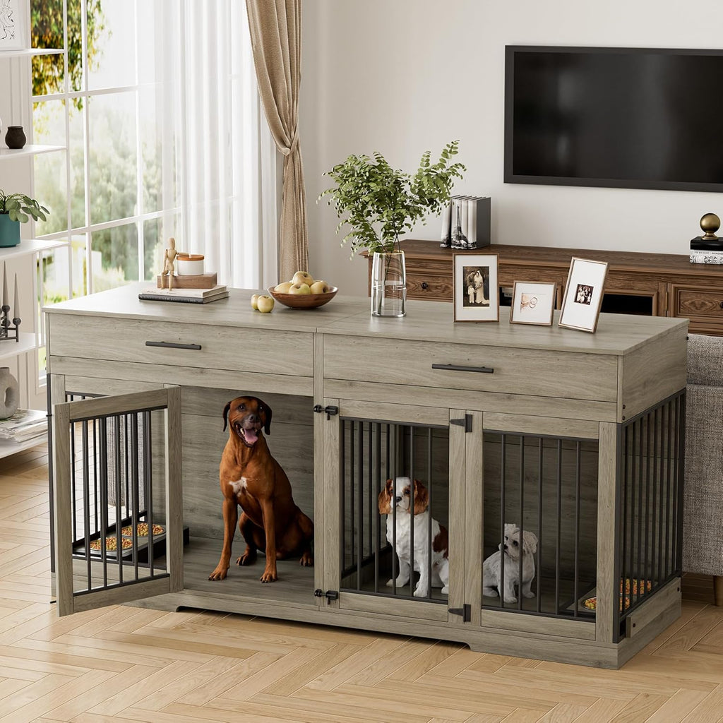 Rophefx 72' Dog Crate Furniture for 2 Dogs, Large Double Dog Kennel Indoor Furniture with 2 Storage Drawers and Removable Divider, Wooden Dog Cage with 4 Bowls, Dog House TV Stand for Medium Dog, Grey