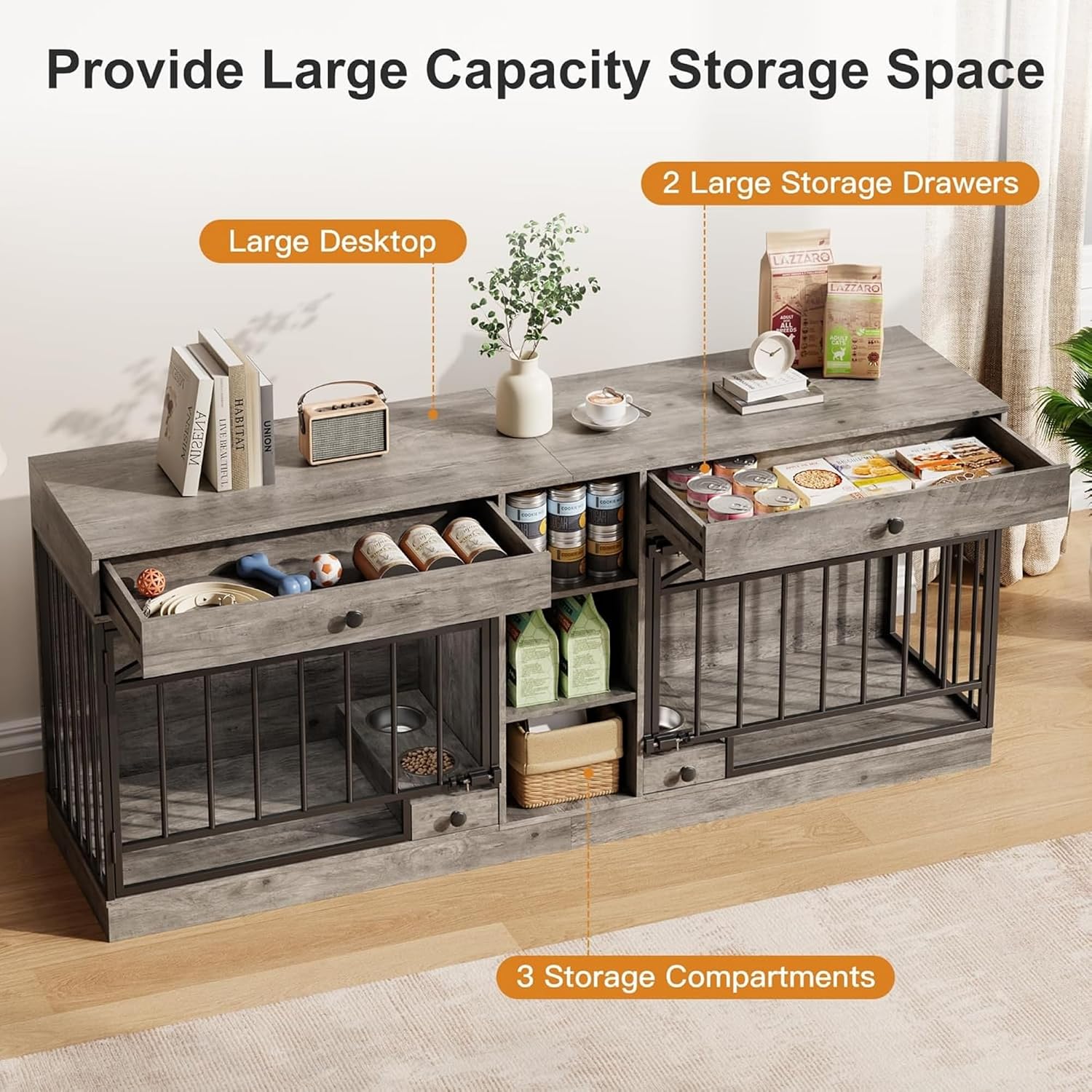 GAOMON Dog Crate Furniture for 2 Dogs, 78.7'' Large Dog Kennel Indoor with 2 Storage Drawers, 3 Shelves and Feeding Bowls, Double Dog Crate TV Stand for Small and Medium Dogs, Gray