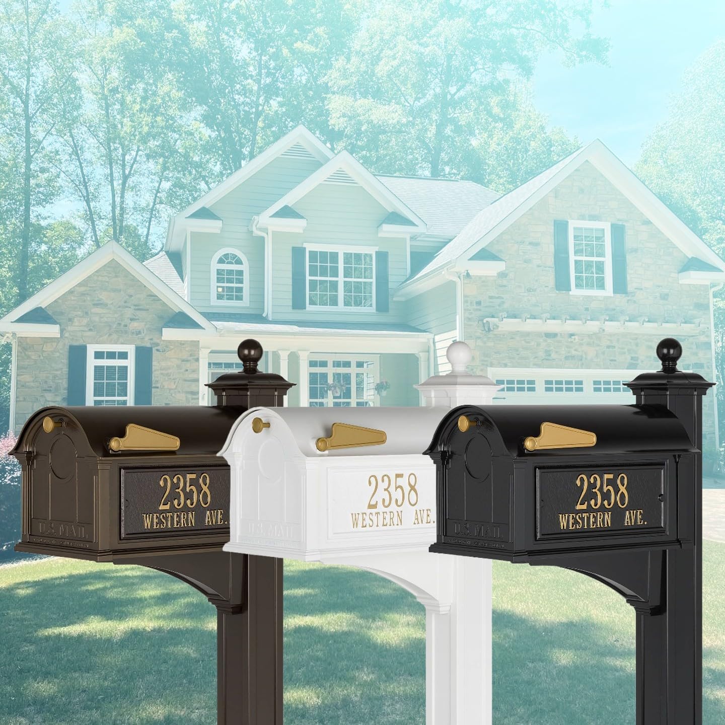 Whitehall Custom Extra Large Mailbox - Balmoral Model with Address Plaques and Side Mount Post Package, Sand Cast Aluminum, White Personalized in Goldtone