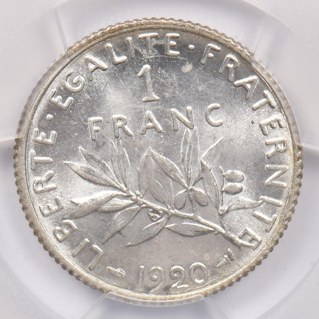 Collectible Coin France 1920 Franc PCGS MS 64 rare condition Gad-467 Semeuse PC1219
