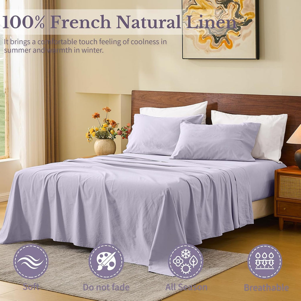 MEISHANG 100% French Pure Linen Sheets Queen Size - Bed Sheets 4 Piece Sets, Soft Durable Flax Linen, Anti-Tear Breathable Moisture Wicking with 16' Deep Pocket (Light Purple)