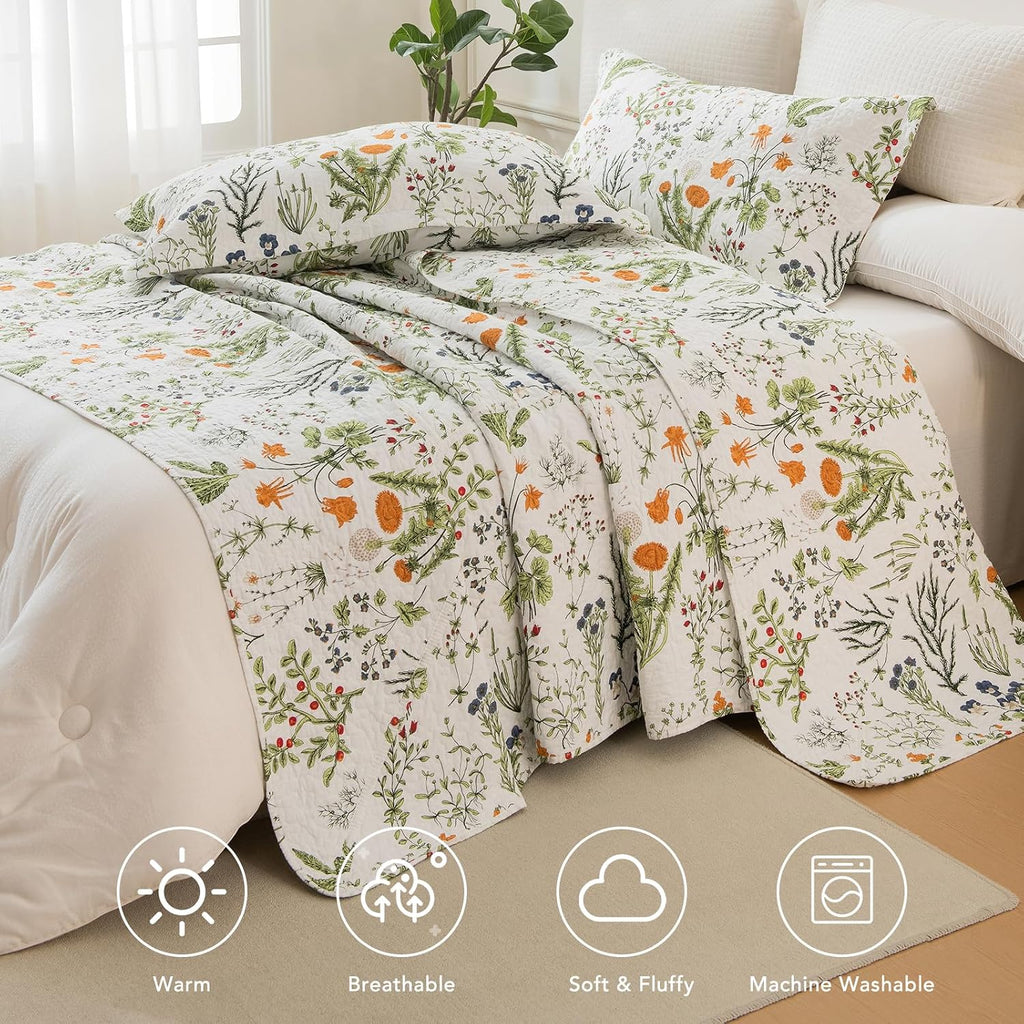 Lady Ann Oversized King Quilt Bedspreads 120x120-100% Cotton Floral California King Size Quilt Bedding Set Yellow Flowers & Leaves Pattern Plant Botanical Printed Quilted Coverlet Set, 3 Pcs