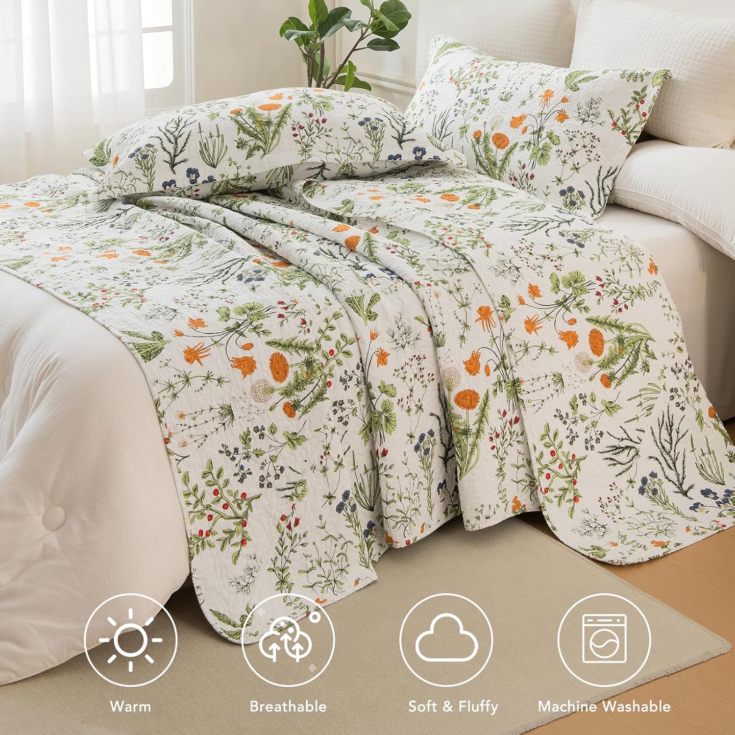 Lady Ann Oversized King Quilt Bedspreads 120x120-100% Cotton Floral California King Size Quilt Bedding Set Yellow Flowers & Leaves Pattern Plant Botanical Printed Quilted Coverlet Set, 3 Pcs