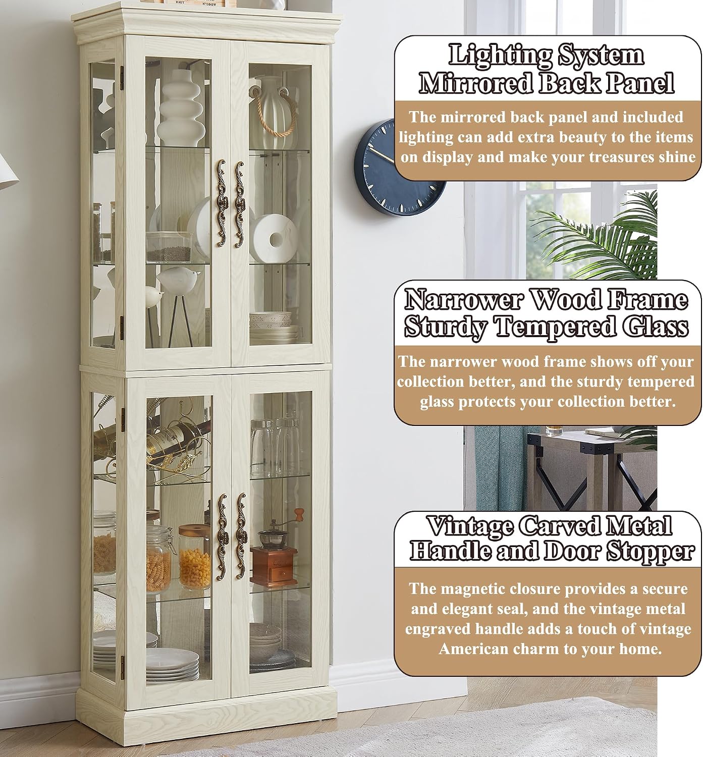 71' H Lighted Curio Cabinet Display Case, Glass Curio Cabinets with Adjustable Shelves and Tempered Glass Door, Wooden Cabinet w/Mirrored Back Pane for Living Room (Antique White)