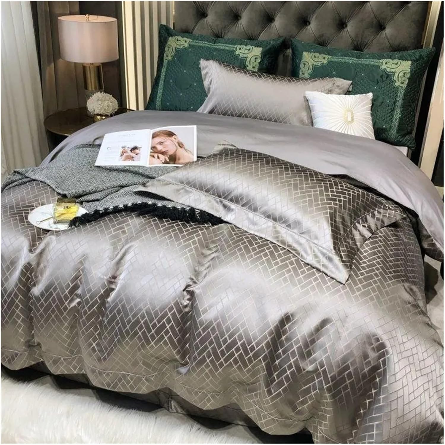 Luxury Black Gold Yarndyed Jacquard Egyptian Cotton Smooth Duvet Cover Queen King Bedding Set Flat Sheet Pillowcases, for All Seasons(Champagne Color,King)