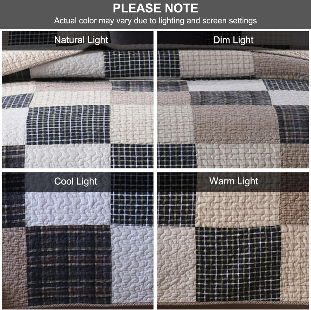 SahSahCasa Quilt King Size, King Quilt Set, 100% Cotton King Quilt Bedding Set Bedspread, Patchwork Farmhouse Quilt, Plaid Lightweight Rustic Quilts Comforter for King Bed, Beige, for All Season