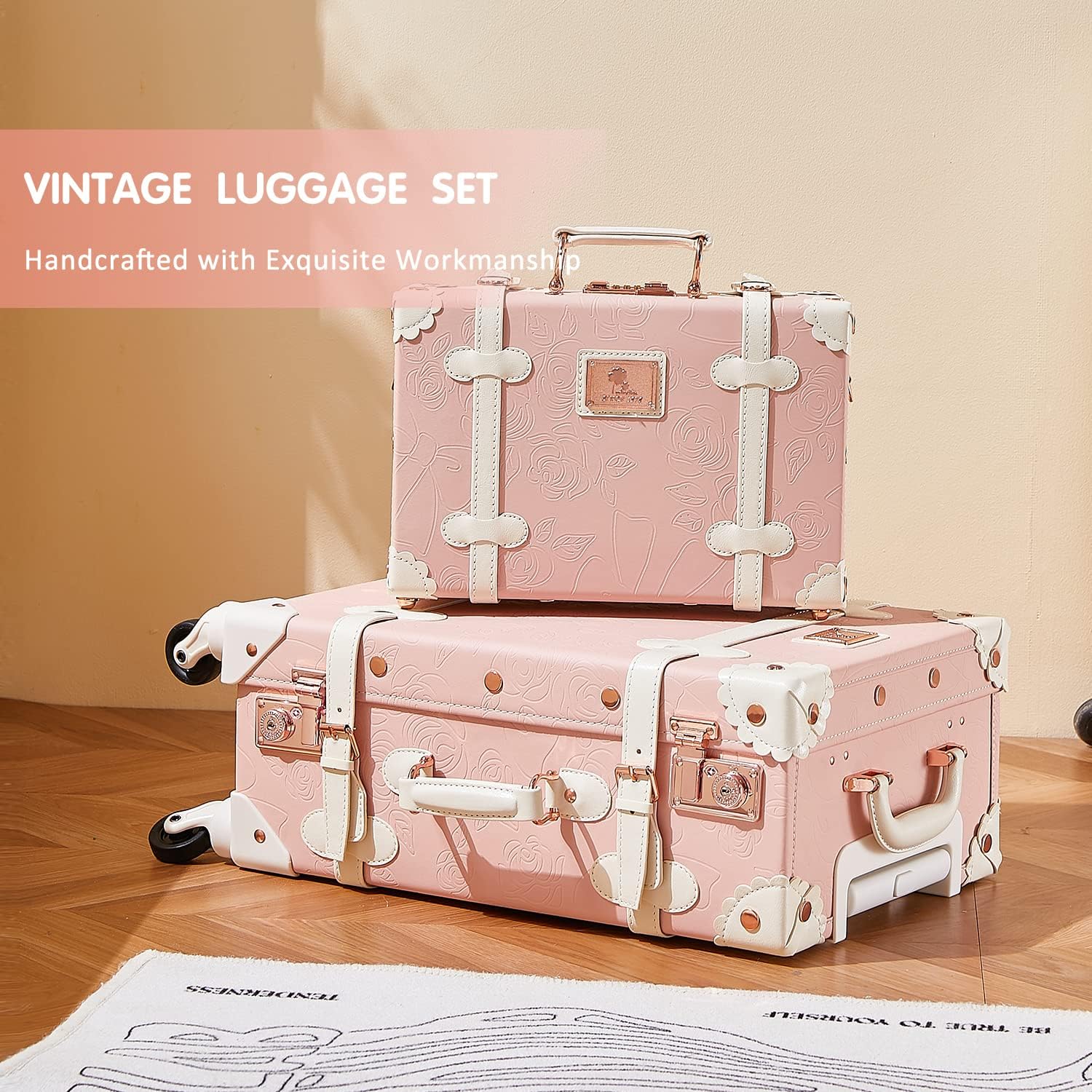 Unitravel 2 Piece Vintage Suitcase Set, 26' Women Cute Travel Luggage with 12' Handbag, Hardside Faux Leather Spinner Trunk with TSA Lock (Embossed Pink)
