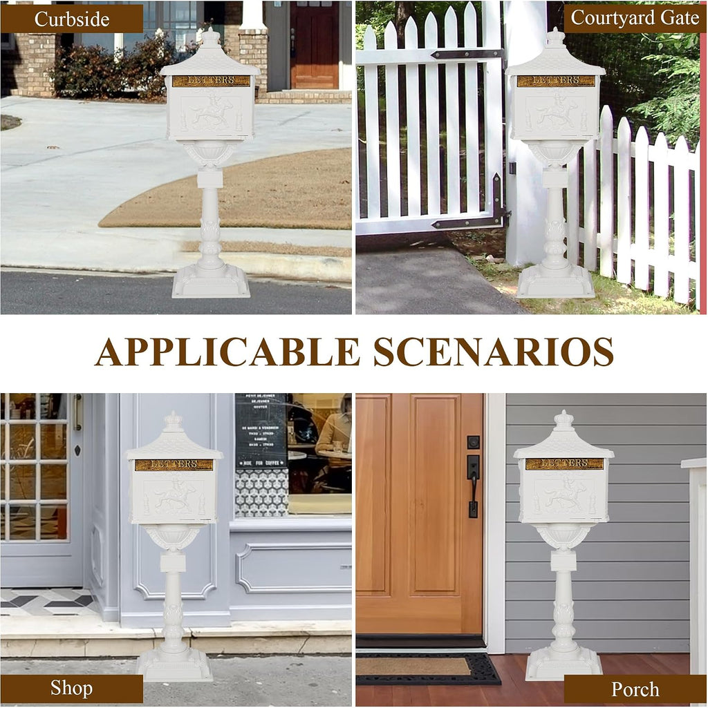 Mailbox, Heavy Duty Cast Aluminum Postal Box, Mail Box with 2 Keys for Courtyard Villa Decoration - White