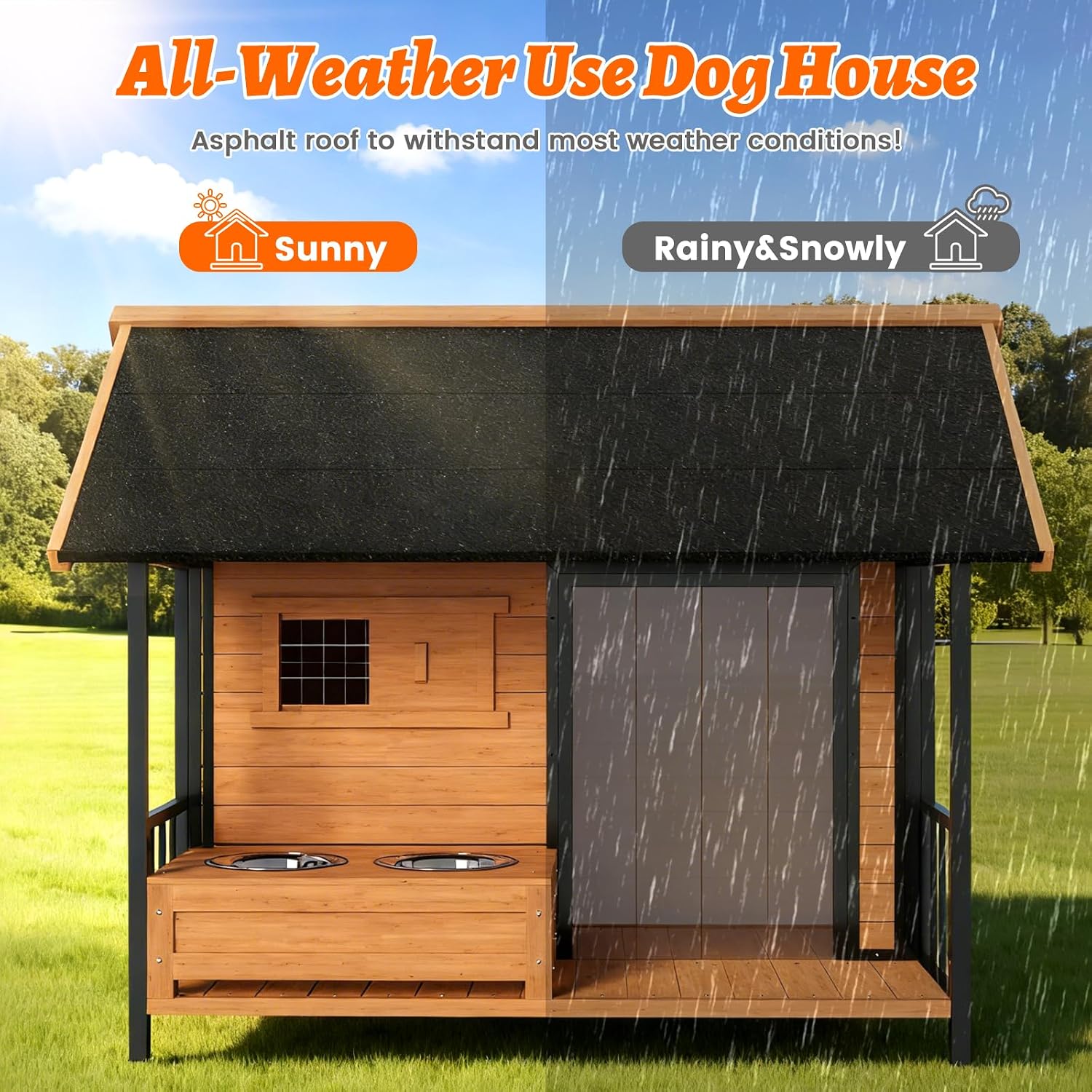 51'' Dog House with Dog Bowls Stand, Large Outdoor Dog House Kennel with Weatherproof Roof, Easy to Install Anti-Bite Design Dog Home for Outside Small Medium Large Dogs(Brown)